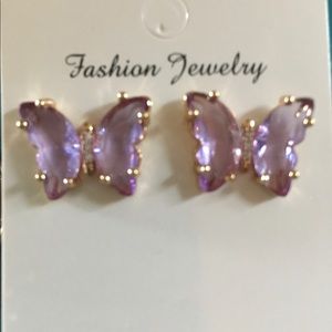 Purple glass butterfly pierced earrings